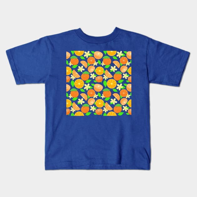 Orange fruit pattern - blue Kids T-Shirt by Juliana Costa